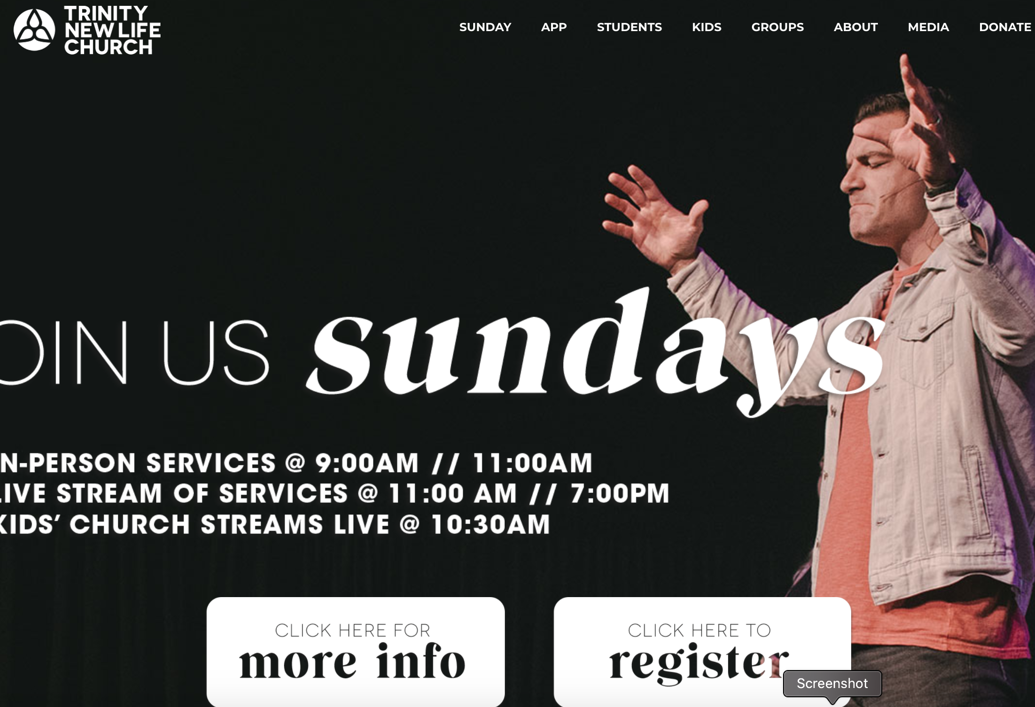 Screenshot of Trinity New Life Church's homepage. Dark background with pastor, arms reaching upward.