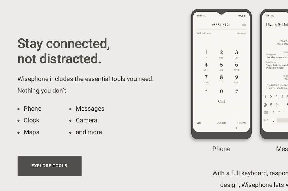 Screenshot of Features page for Wisephone: "Stay connected, not distracted.""