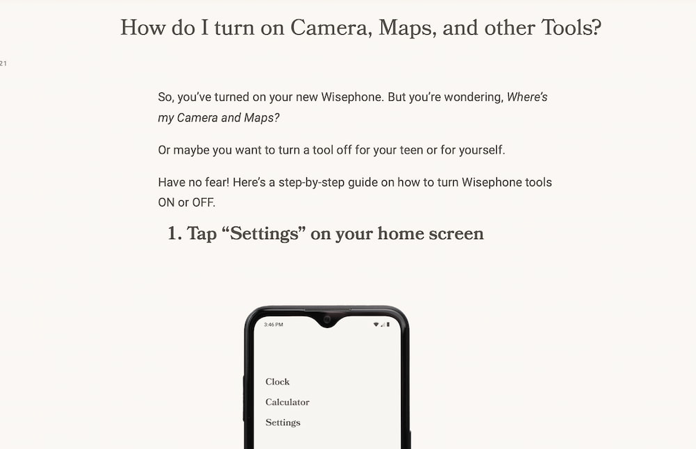 Screenshot of a Wisephone help page.