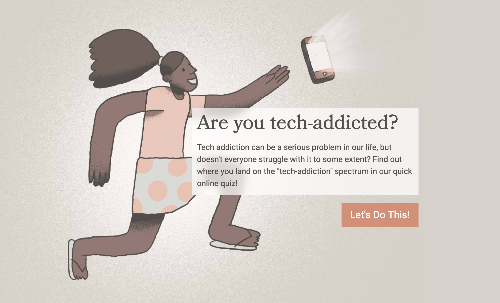 Beginning of a tech addiction quiz with a cartoon female chasing a glowing phone.